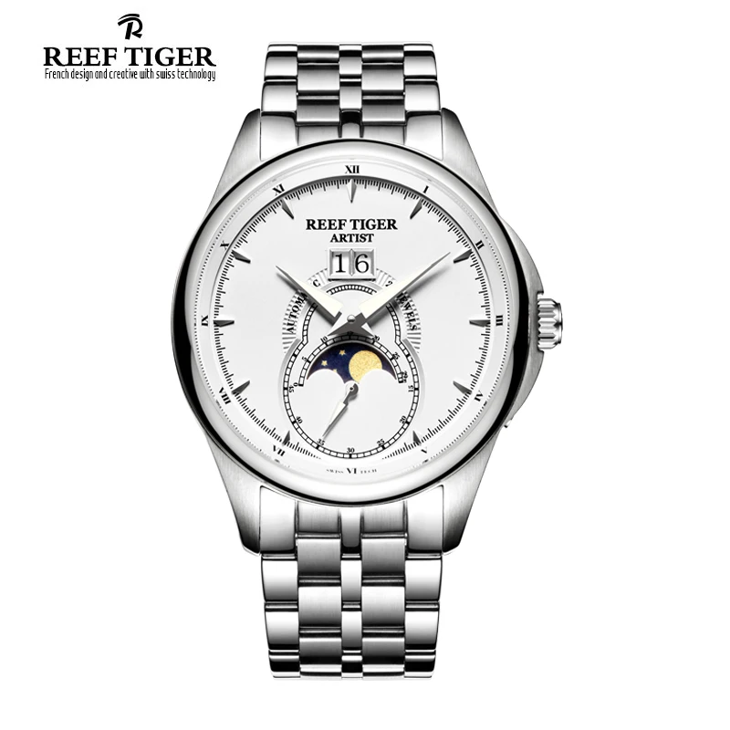 

2019 Reef Tiger/RT Fashion Vintage Watches Mens Moon Phase Stainless Steel Wristwatch Date Automatic Men Cases Watches RGA1928