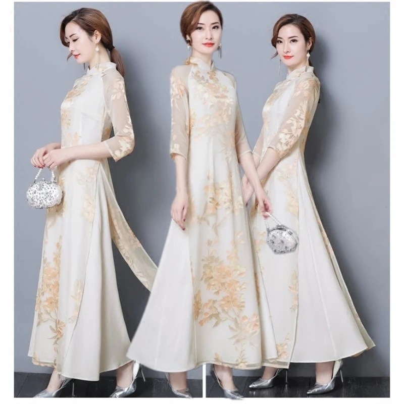 ao dai длинное платье Чонсам вьетнамское традиционное платье aodai изящное платье со стоячим воротником вьетнамская одежда восточное платье