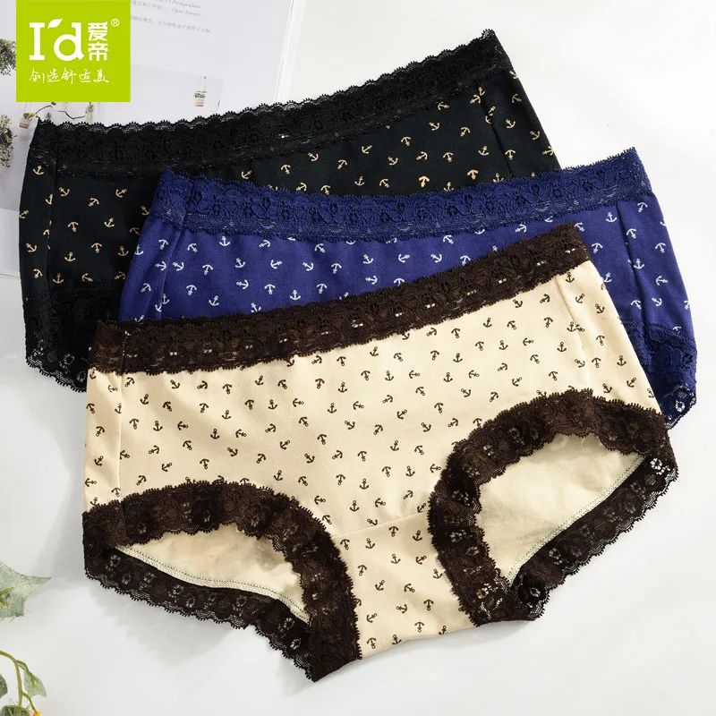 

I'd women's cotton printed triangle underwear 3 colors lace side sexy underwear