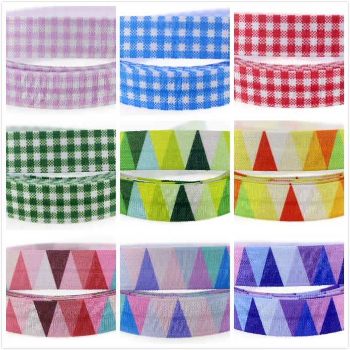 

5/8"16mm Geometric Checks Dots Arrows Stripe Single Faced Printed Fold Over Elastic Ribbon Hair Tie Pontail Headband 50 Yards
