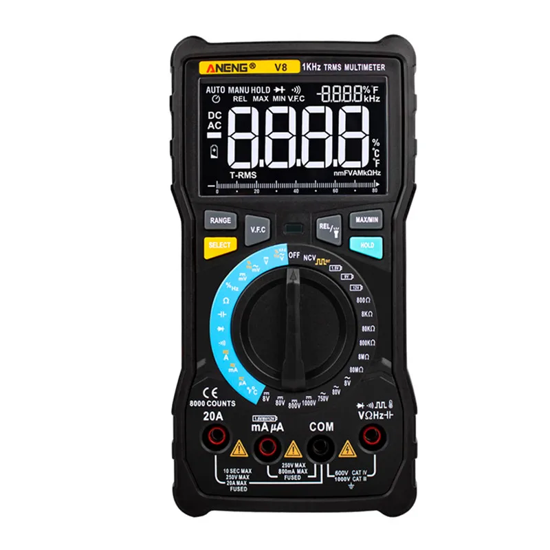 

V8 Digital Multimeter Auto Range 8000 Counts Display V.F.C Inverter Measurement Analog Bar Graph Wire Power Meter Tester