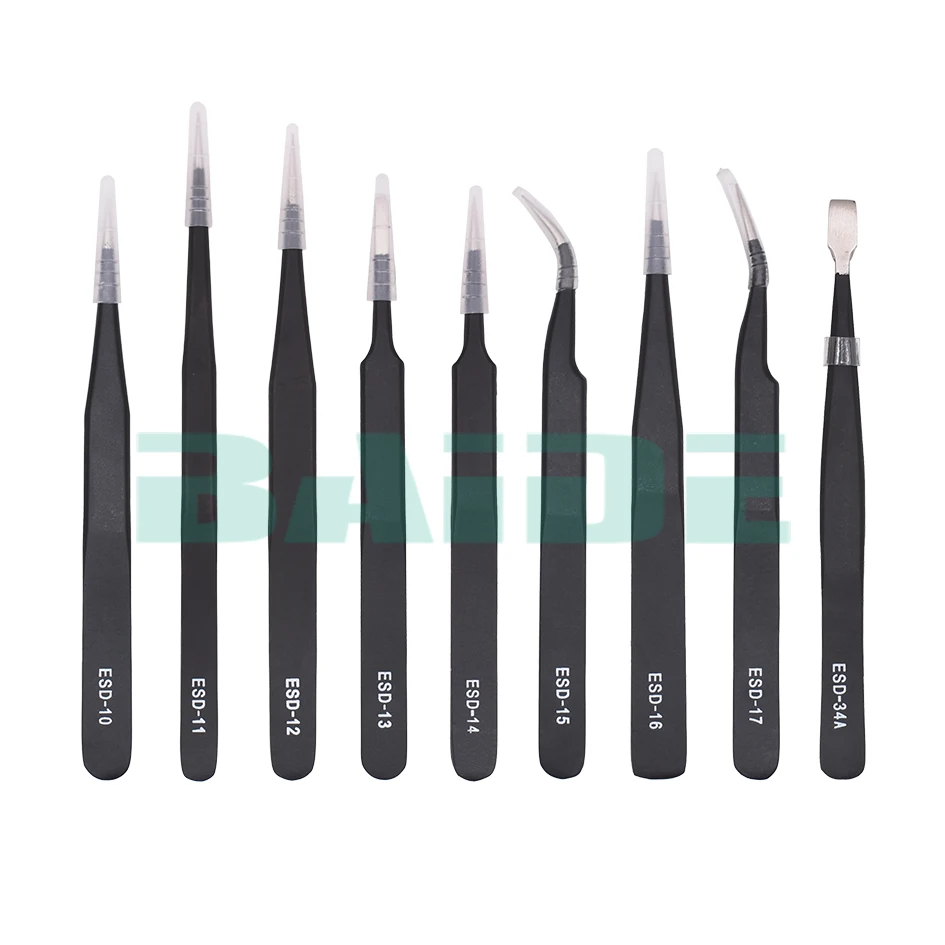 9 in 1 Black Tweezers With Oxford Bag Antistatic Stainless Steel Nipper ESD-10 11 12 13 14 15 16 17 ESD-34A for Phone Repair