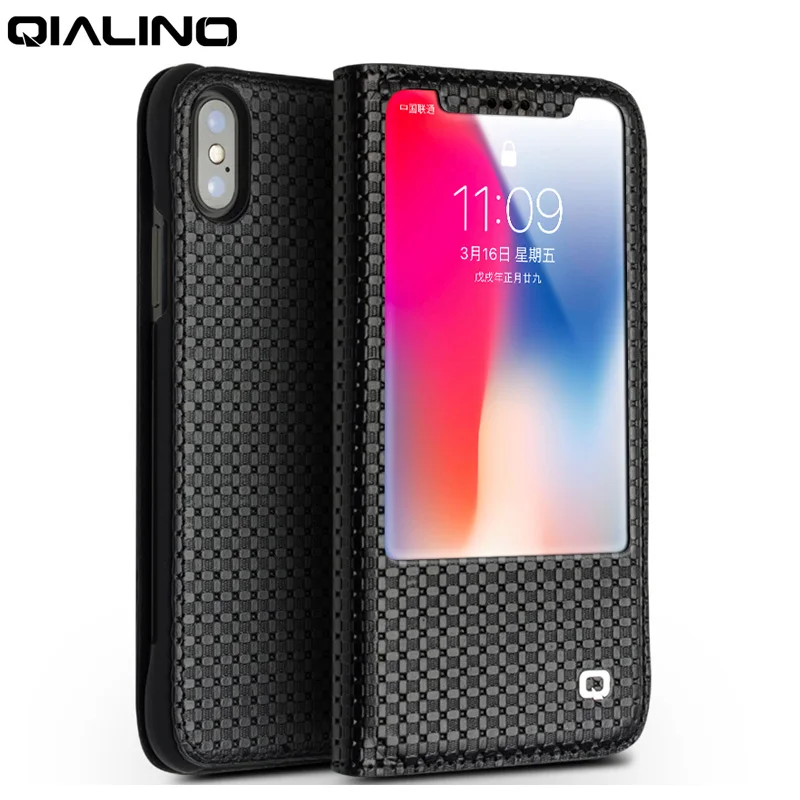 

QIALINO Luxury Flip Phone Case for iPhone X Genuine Leather Folio Business Case Cover for Apple iPhone X Smart Window View Bags