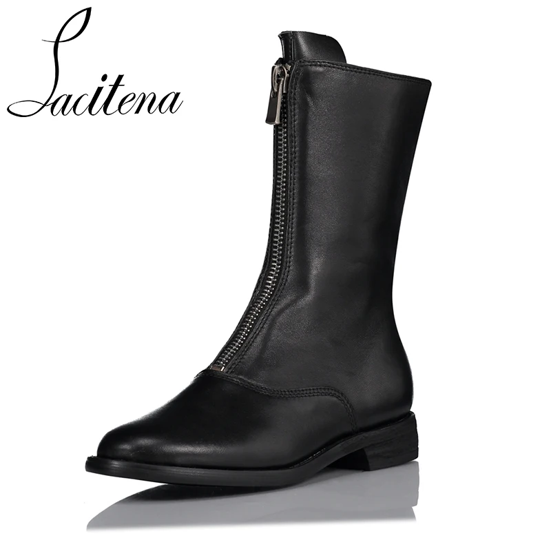 

Black Red Front Zipper Flat Boots Fashion Ankle Booties Genuine Leather Women Booties