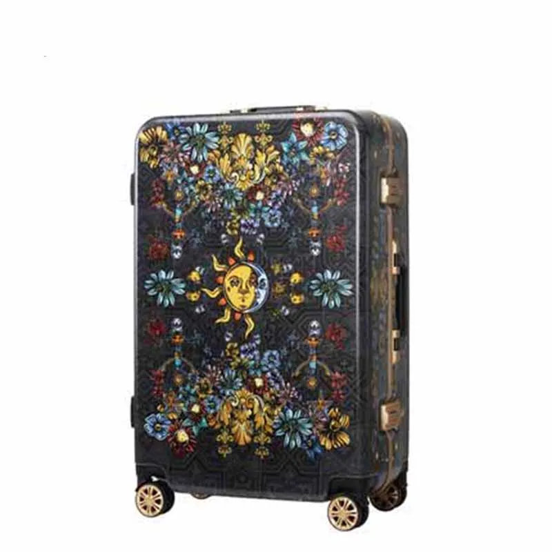 

BeaSumore Aluminum Frame Rolling Luggage Pure hand-painted vintage print Spinner Suitcase Wheels Trolley Travel Bag