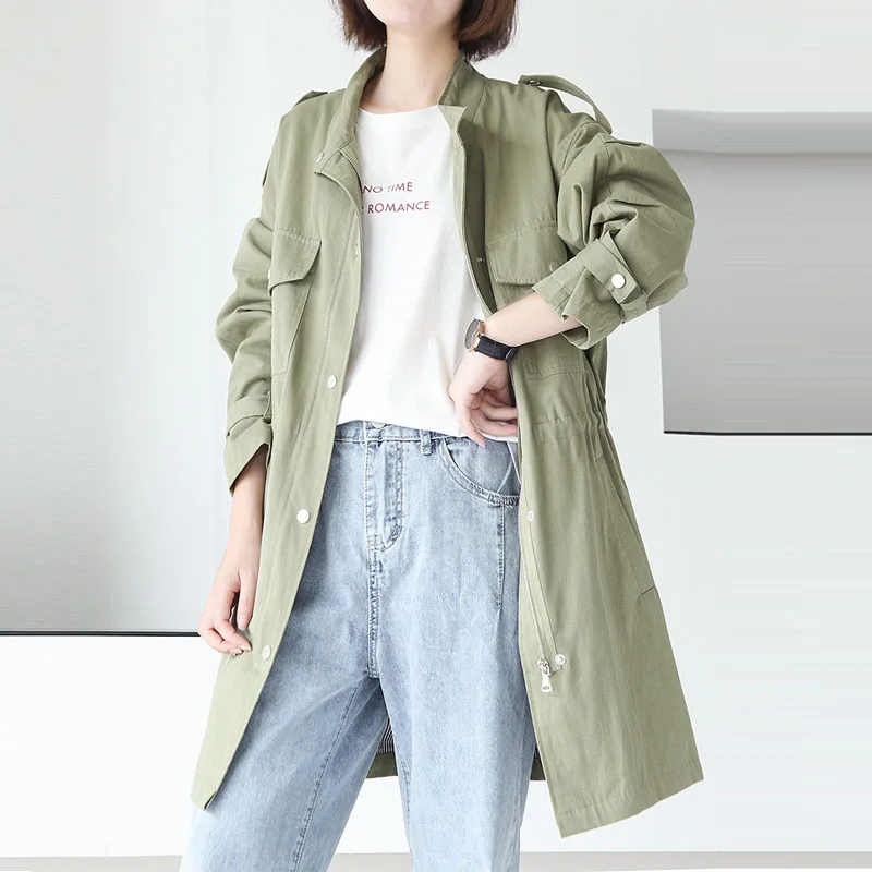 

Johnature New Autumn Casual Solid Color Single Breasted Stand Wide-waisted Windbreaker Coat 2019 Long Sleeve Pockets Women Coats