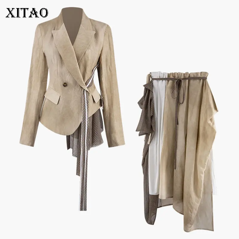 

XITAO Vintage Two Piece Set Irregular Europe Fashion Drawstring Slim Waist Pocket Top Women Pleated Patchwork Skirt GCC1018