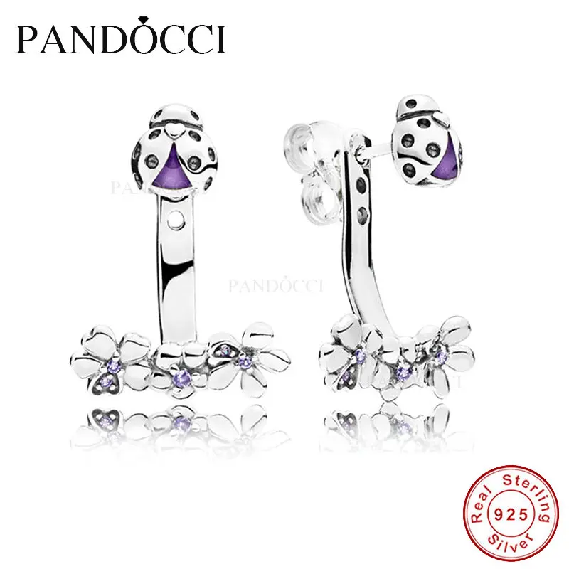 

925 Sterling Silver Ladybug Meadow Jacket Earrings, Purple Enamel Original Charms European Style Jewelry Making PANDOCCI
