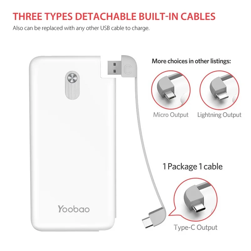 Yoobao S5K 5000mAh Встроенный кабель Внешний аккумулятор ультра тонкий портативный для