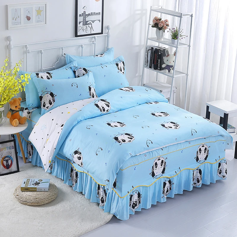 

100% Cotton Blue Cute Puppy Pattern Bedding Set Soft Bedclothes 4Pcs Duvet Cover Set+Bed Skirt+Pillowcases 3 Size Home Textiles