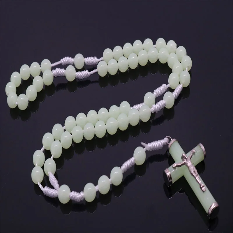 

Braided Rope Luminous Round Rosary Plastic INRI Jesus Cross Pendant Necklace Catholic Religious Fashion Jewelry