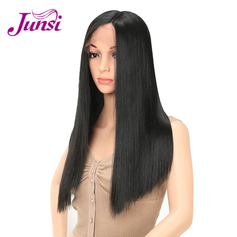 JUNSI длинные черные синтетические волосы на кружеве парик прямые Искусственные парики для женщин со средней частью термостойкие