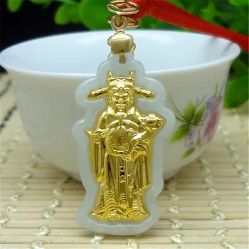 

3D gold inlaid natural jade wealth god pendant E2#