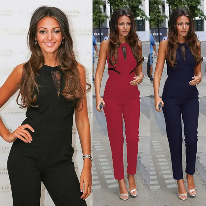 

2019 Womens Sexy Summer Sleeveless Jumpsuit Lace-detailed O-Neck Female Bodycon Jumpsuit 3 Colors Bodusuit Trouser