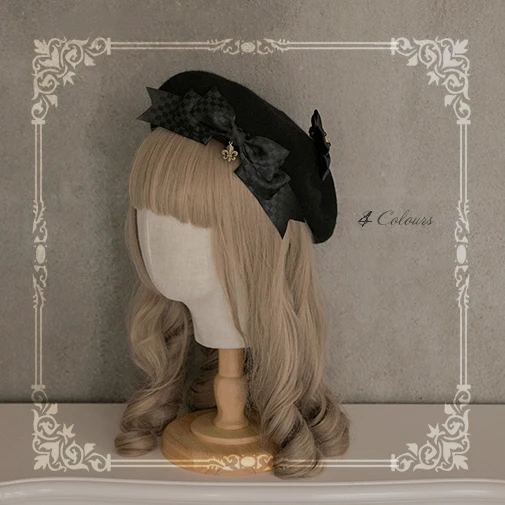 

Rainbow Cat-Lolita Girls Pearl Chain+Bow 2 Way Drawer's Beret Hat Kawaii Cute Woolen Painter Beret Cap 4 Colors 3 Types