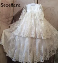 New High Quality Baby Baptism Dress Infant Girls Christening Gown Lace Beads Baptism Dress Long Sleeve White Ivory new arrival white ivory satin silk lace baby girl christening gowns newborn formal baptism robe long dress with bonnet