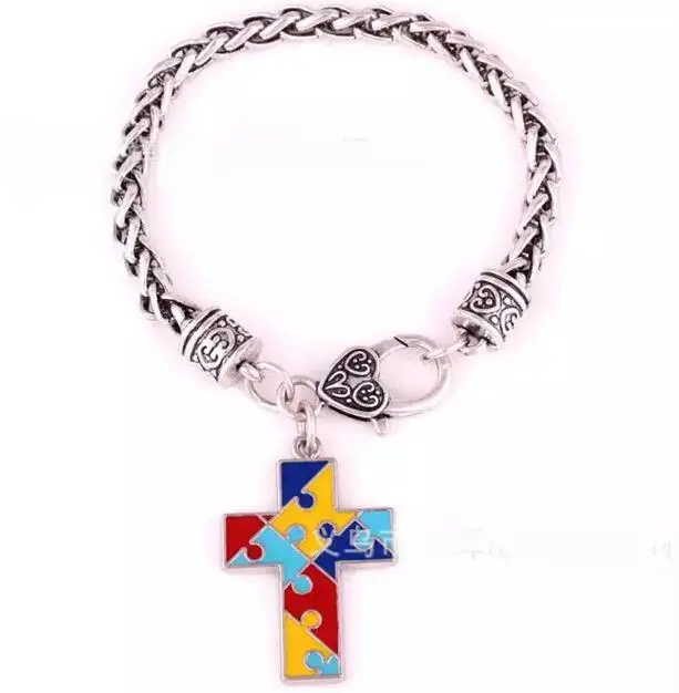 Аутизм головоломка осознания головоломки Классический посеребренный модный квадратный эмалированный браслет Шарм ювелирные изделия B238