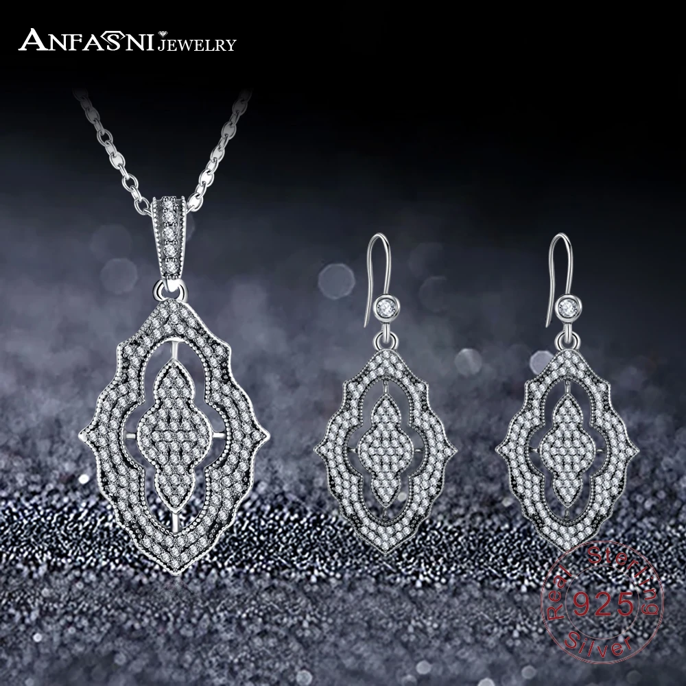 

ANFASNI Fashion Real 925 Sterling Silver Sparkling Lace Stunning Silver & Clear CZ Jewelry Sets Wedding Engagement Jewelry