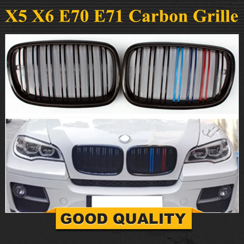 1 Pair Carbon Glossy Black M-Color Front Grille Grill Double Slat Kidney for BMW X5 X6 E70 E71 2007-2013 1 Pair Carbon Glossy Black M-Color Front Grille Grill Double Slat Kidney for BMW X5 X6 E70 E71 2007-2013