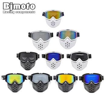 

BJMOTO Windproof Glasses White Frame Detachable Mask Ski Goggles Vintage Motorcycle Men Women Outdoor Cycling Motocross Goggle