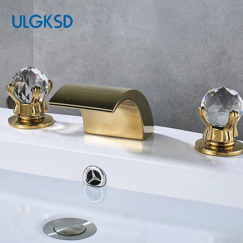 

ULGKSD Golden Basin Faucet Waterfall Faucet Two Handle Crystal ball Faucets Bathroom Mixer Tap