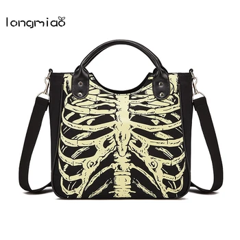 

longmiao Halloween Luminous Gothic Skeleton Bones Handbag Rock Designer Skulls Bags Female Casual Canvas Totes Women Punk Bags