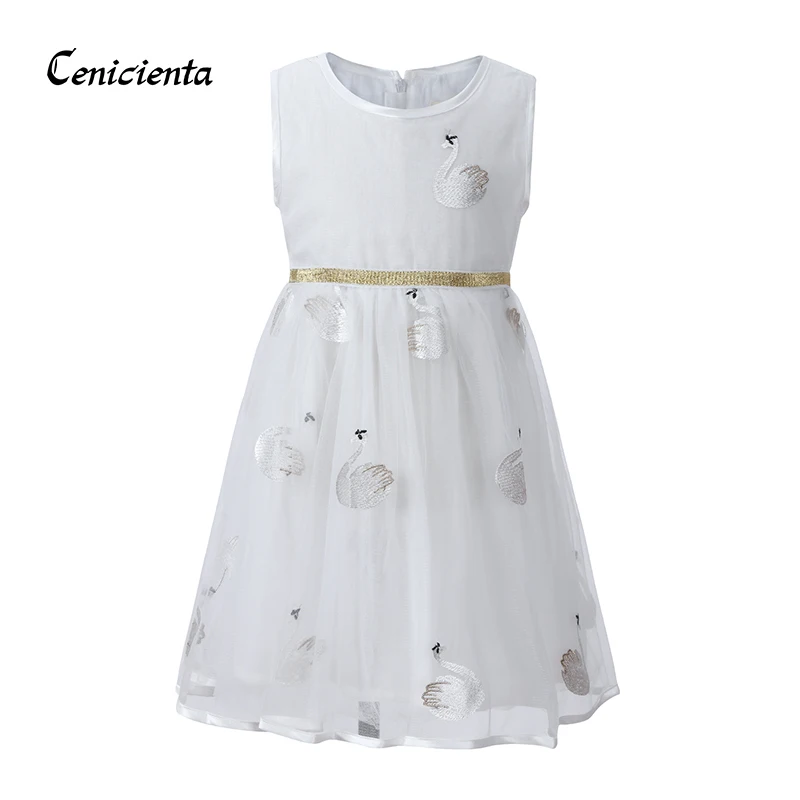 

Cenicienta Flamingo Dress Girls Summer Voile Cartoon embroidery Costume for Kids Clothing Children Cotton White Party Dresses