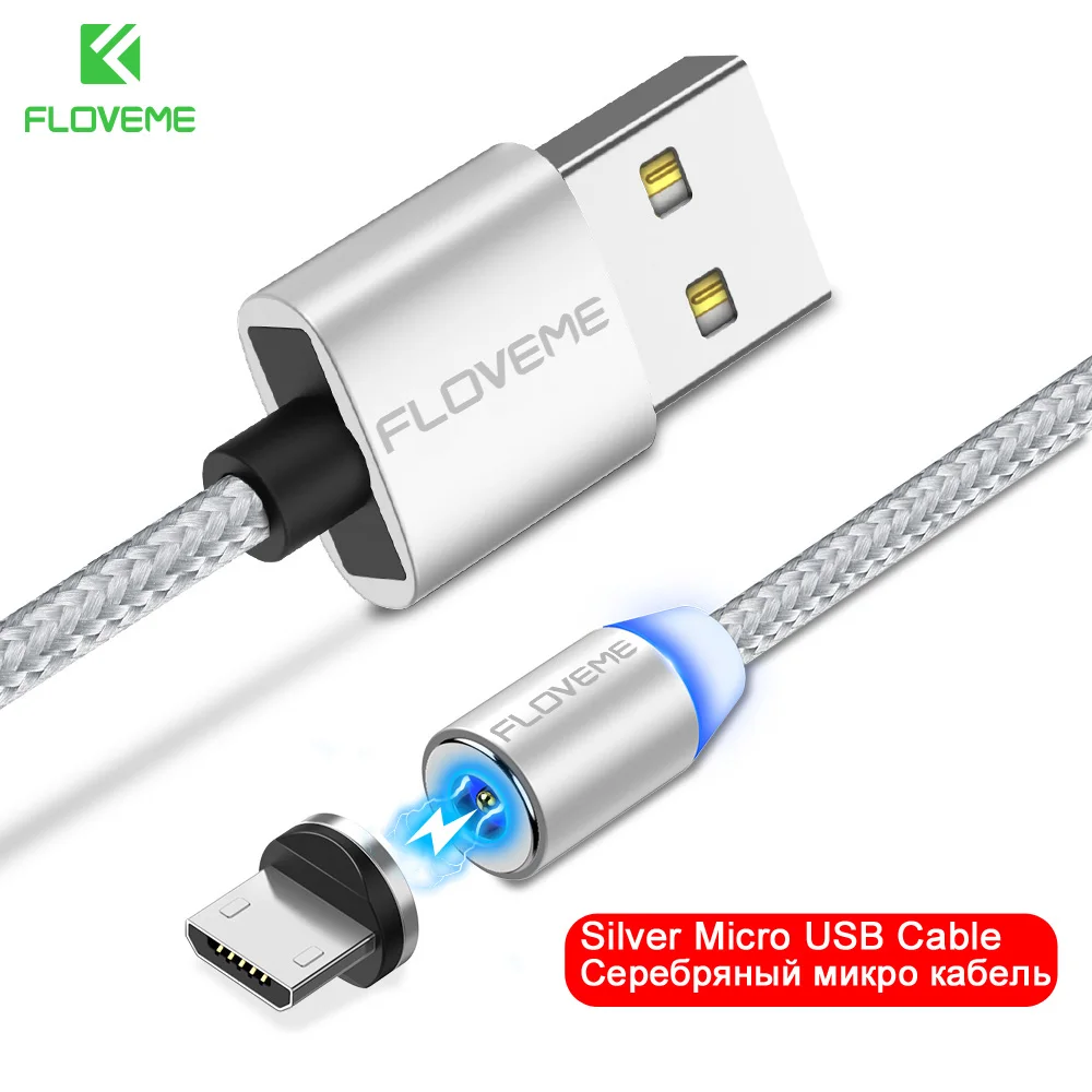 FLOVEME 1 м Магнитный USB кабель, СВЕТОДИОДНЫЙ Магнитный зарядный кабель Micro USB для iPhone X 7 6 5 для samsung Galaxy S8 S9 type C - Цвет: Silver Micro