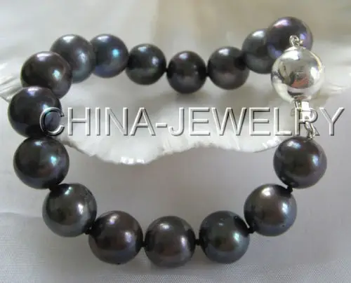 

Beautiful AAA 8" 11mm black perfect round freshwater pearl bracelet-925 silver @^Noble style Natural Fine jewe SHIPPING 6.2