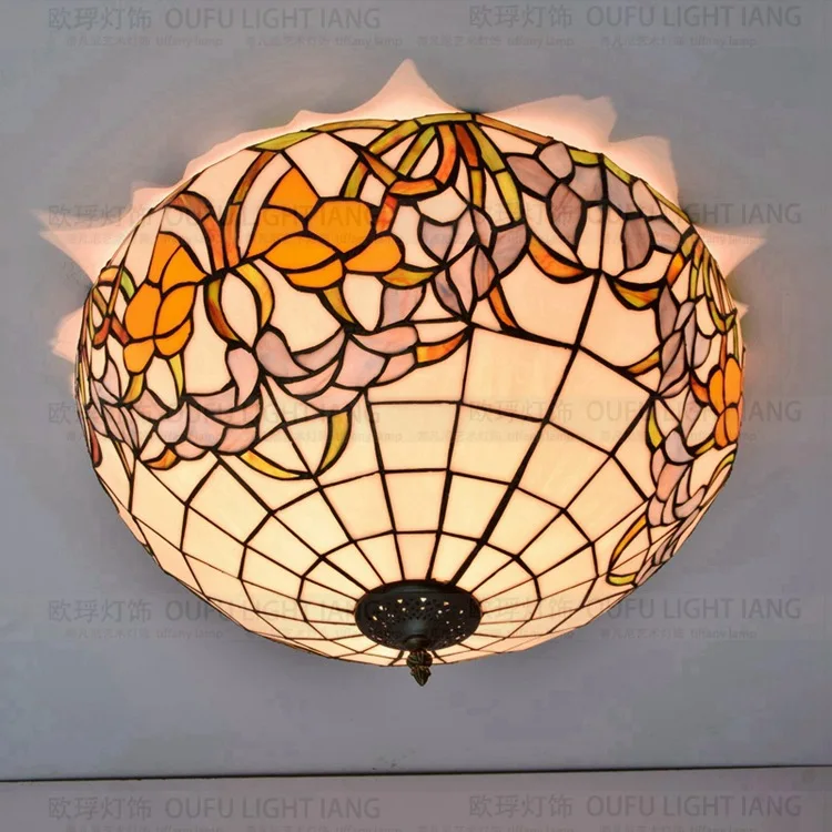 

20Inch Flesh Country Flowers Tiffany ceiling light Stained Glass Lamp for Bedroom E27 110-240V