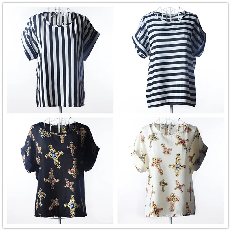 Summer Stars Blouse Women Sunflower Bird Chiffon Print Blouse Stripe Plaid Shirt Cross Love Blouse Short Sleeve Lipstick Shirts (1)