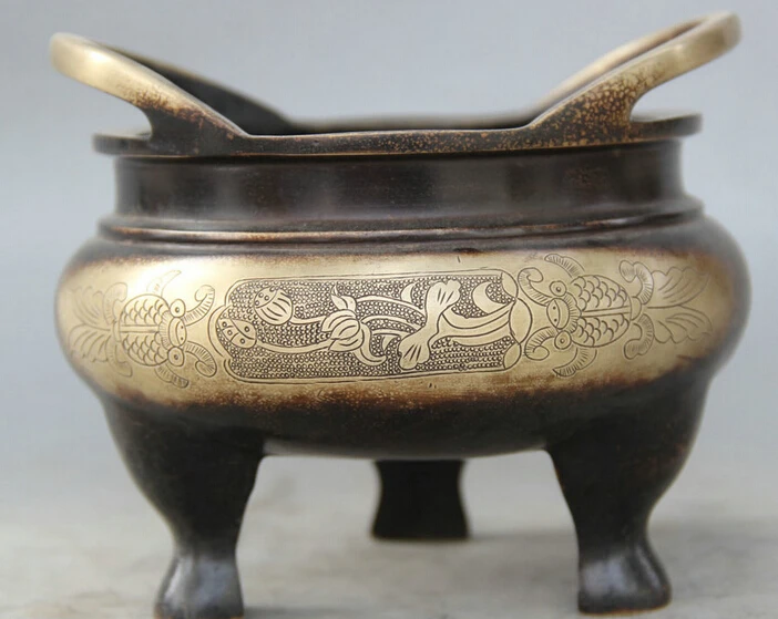 

6" Marked Chinese Dynasty Bronze 3 Foot Fish Lotus Flower Incense Burner Censer R0710