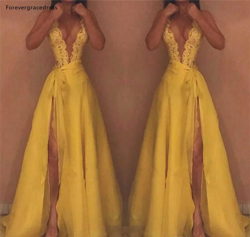 Yellow Split Evening Dresses 2019 Newest Sexy Plunging V Neck A Line Lace Chiffon Long Vestidos Prom Gowns BA9540  119_1