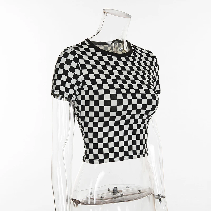 Simenual Checkerboard summer crop top 2018 fashion plaid female t-shirt black white slim sexy t-shirts for women short tops sale Simenual Checkerboard summer crop top 2018 fashion plaid female t-shirt black white slim sexy t-shirts for women short tops sale