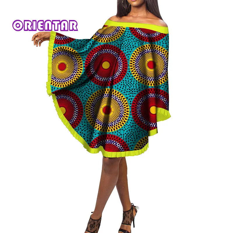 

Fashion Bat Sleeve Dress Women African Print Bazin Riche Traditional African Clothing Cotton Slash Neck Short Dresses WY153