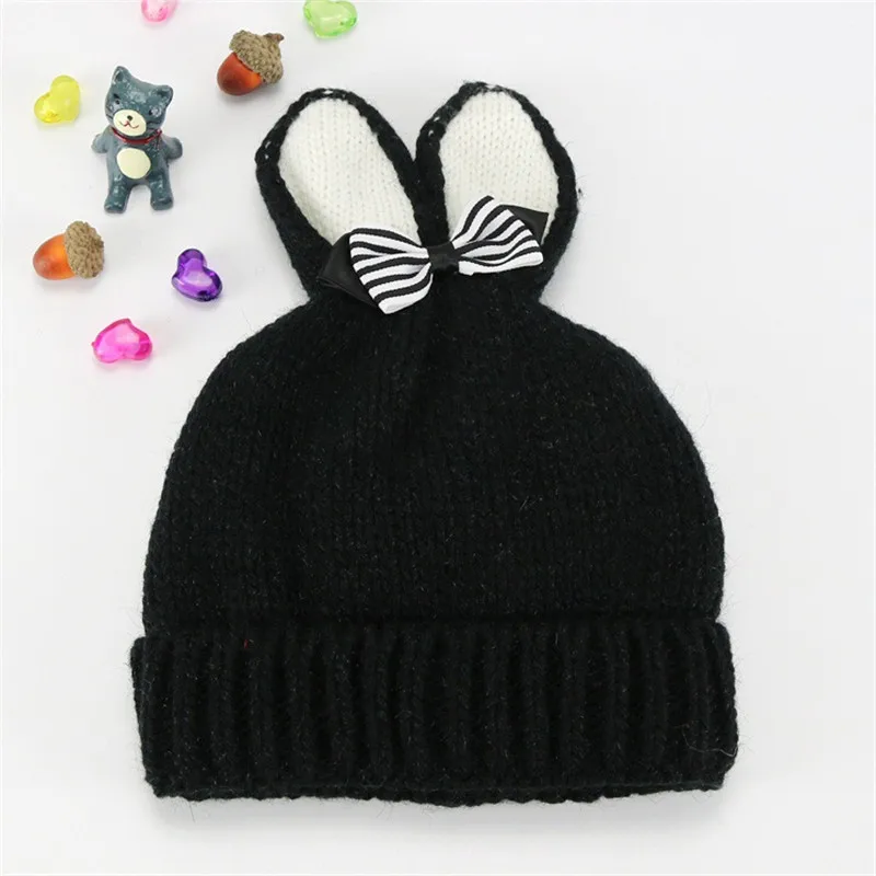 Детская шапка с бантиками и заячьими ушками, осенне-зимняя шапка для девочек и мальчиков, вязаные крючком шапки для мальчиков, вязаные эластичные шапки для малышей - Цвет: Черный