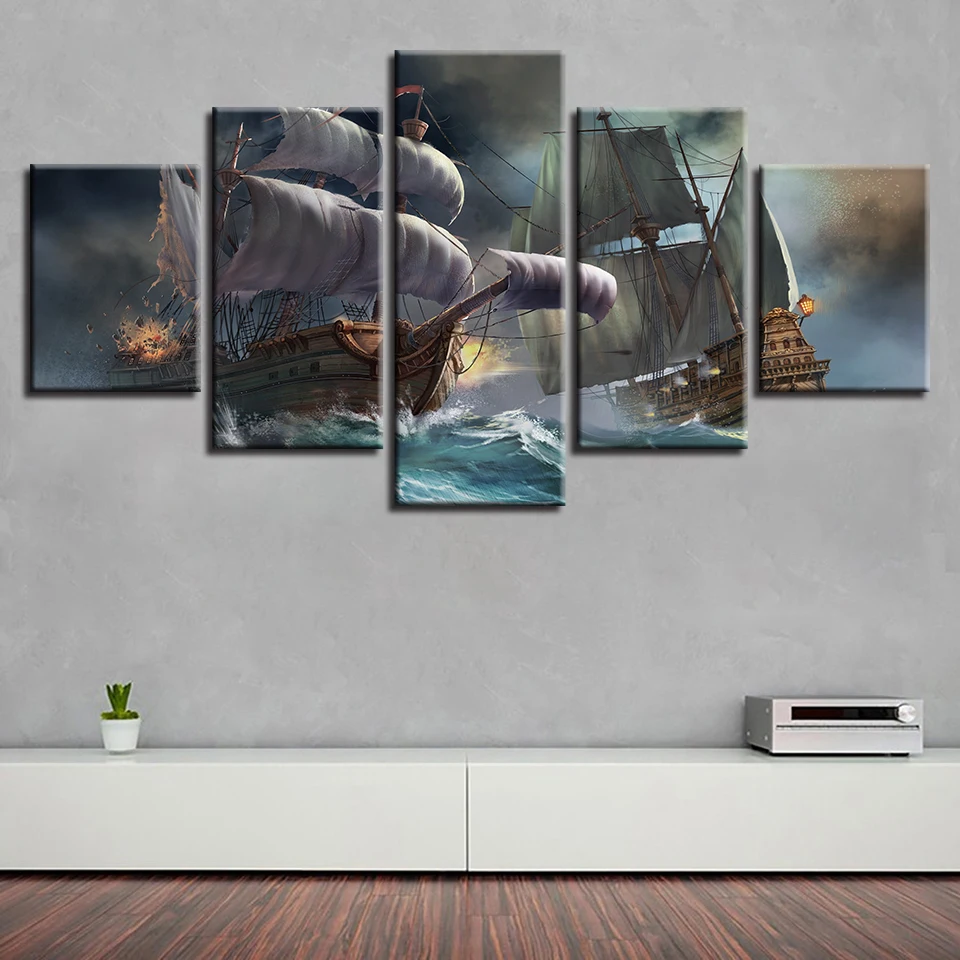 

Picture Modern Printed Wall Art 5 Pieces Ship On The Sea Scenery Canvas Painting Framework Modular Decor Living Room Or Bedroom