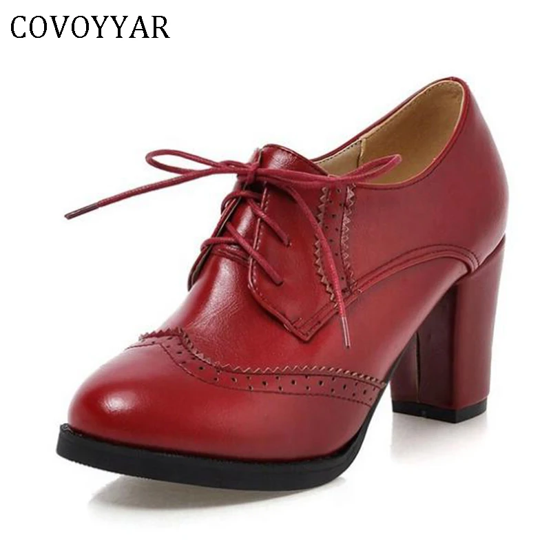 COVOYYAR 2019 Vintage Lace Up Women Pumps Cut Out Oxford Shoes Chunky Heel Patent Leather High Heels Lady Ankle Boots WHH132