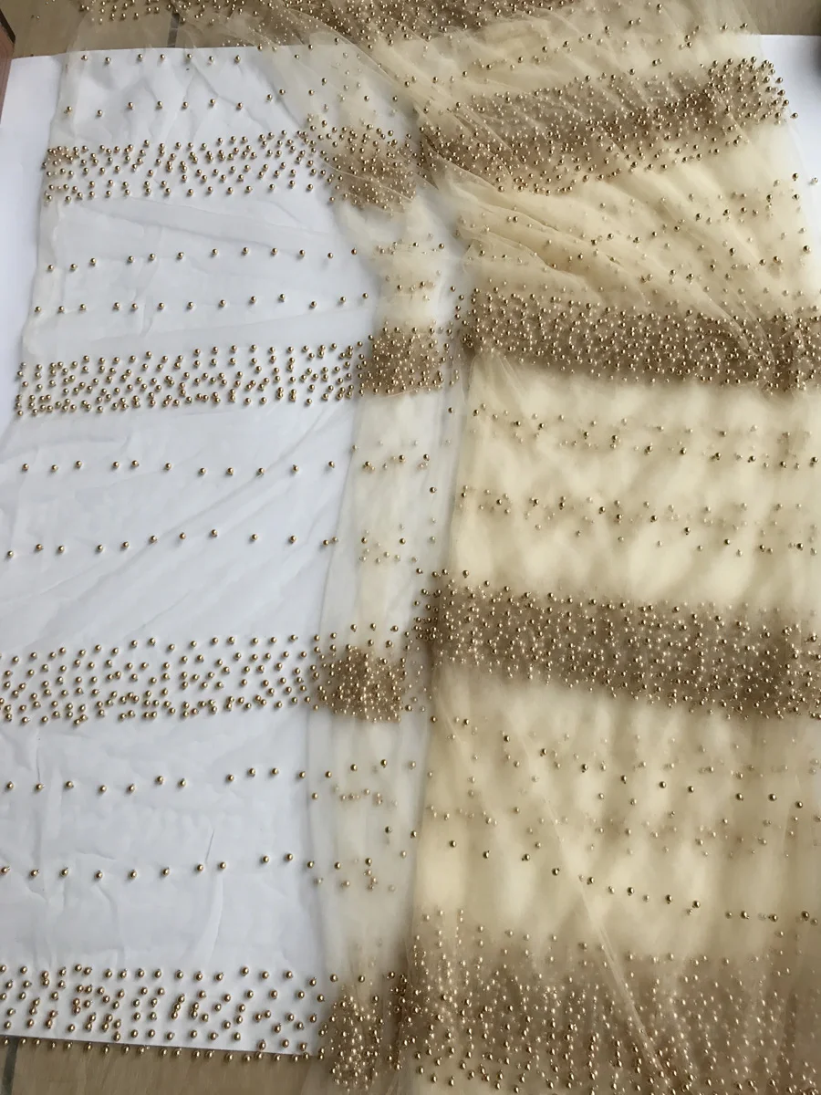 2017 Cream Beige Champagne pearl High Quality AfricanTulle French beaded lace fabricbeaded lace