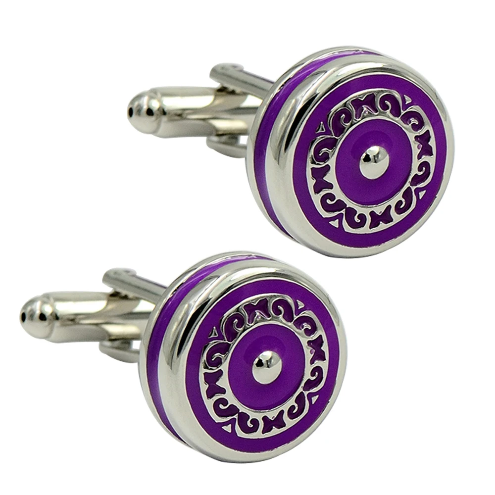 Round classy purple cufflinks enamel pattern bullet cufflinks metal