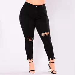 Черные дырочки джинсы для женщин модные, средняя посадка стрейч джинсовые брюки женские узкие брюки для Клубная одежда