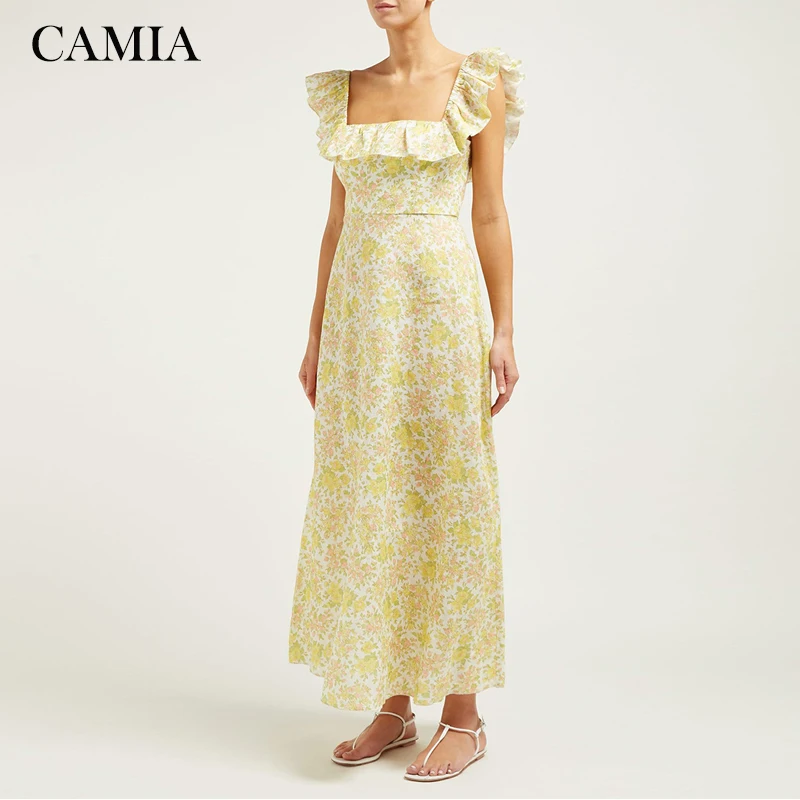 

CAMIA 2019 summer new Zim yellow small lace dress high waist word collar linen dress long dress