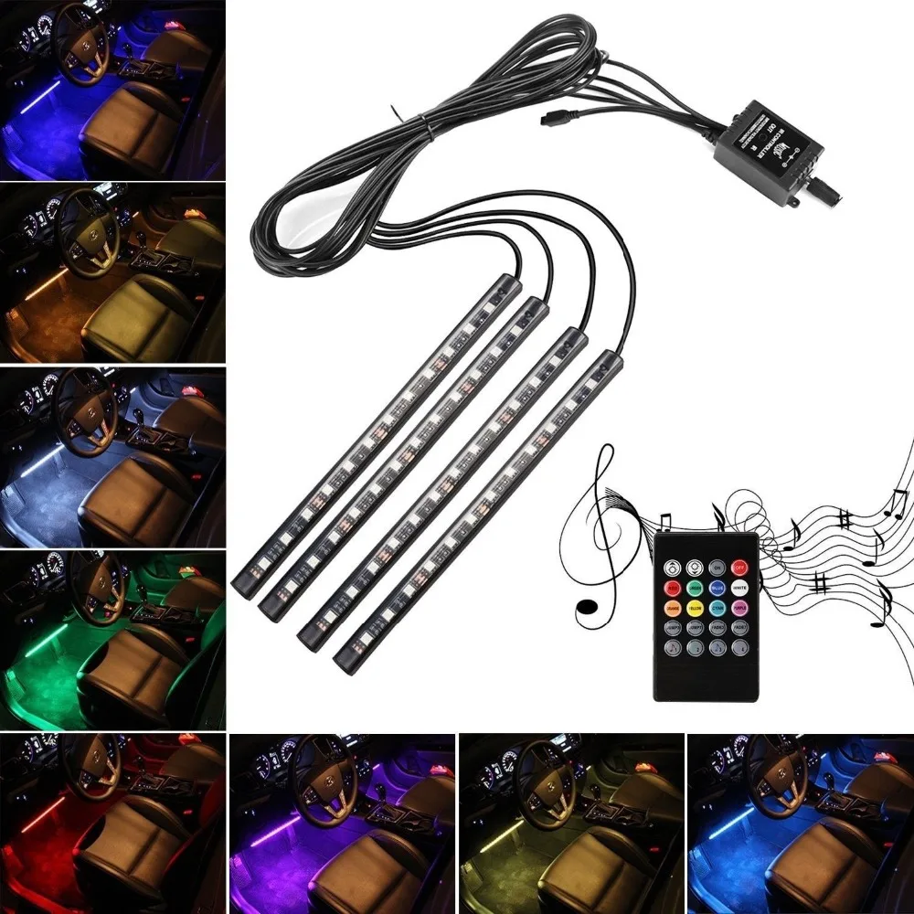SUNSAVER 1Set 4pcs 48LED USB Car Interior Music RGB Color LED Strip Light Atmosphere Decorative
