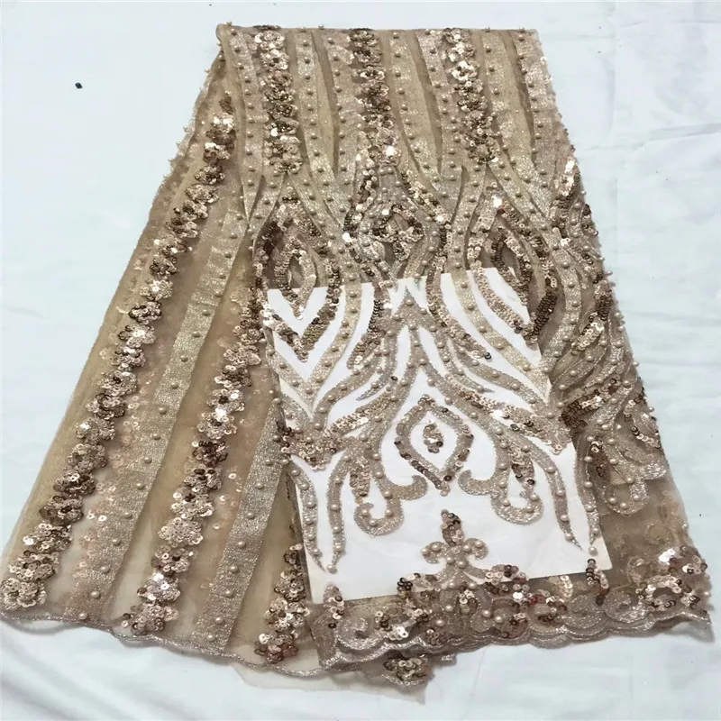 

Stylish French Sequins Net Lace Noble Gold Sequins Fabrics For Party High Quality African Tulle Lace Fabric With Beads CDA122-1