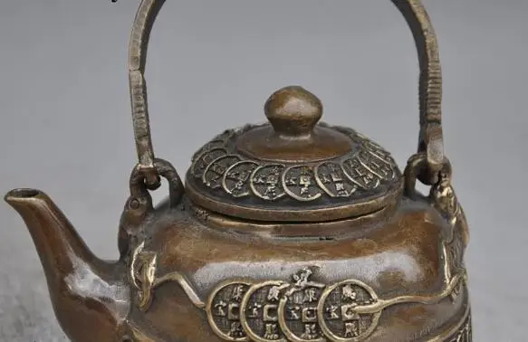 

S1259 5" chinese bronze wealth money coin bat lucky wealth statue Wine Tea Pot Flagon discount 30% (C0324)