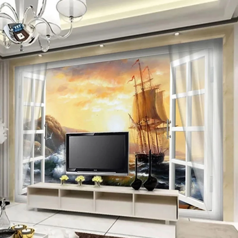 Пользовательские Любой Размер обои 3d росписи для Гостиная закат Лодка Пейзаж за окном ТВ фоне стены росписи