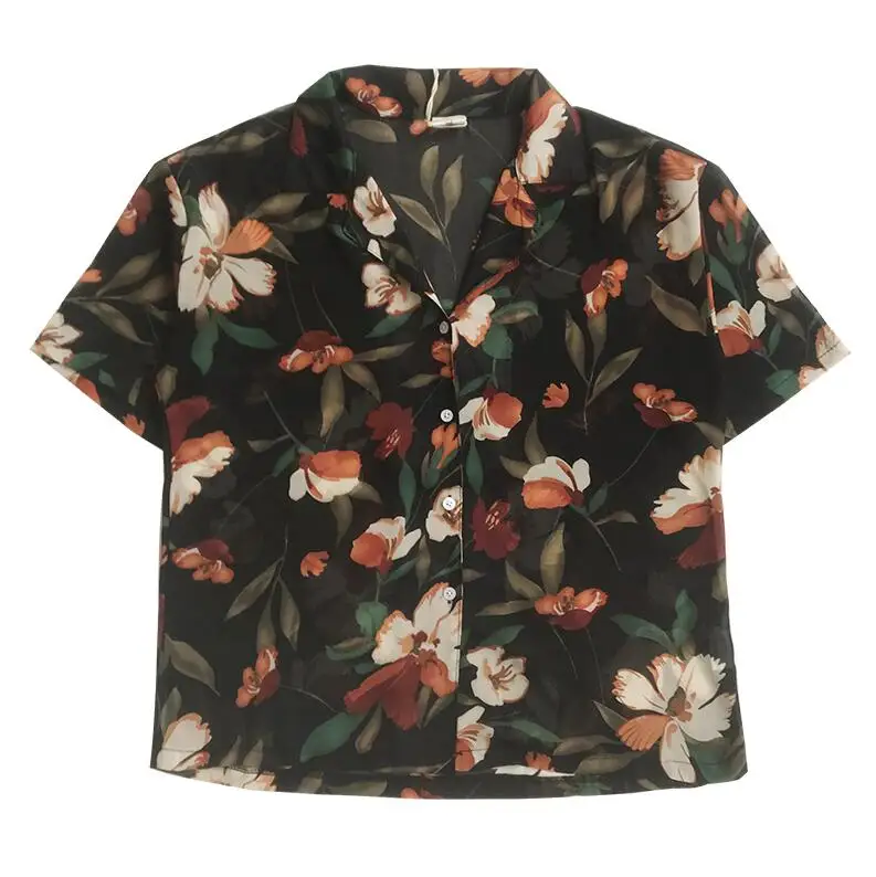 Vintage flower print thin summer short-sleeved shirt |