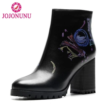 

FITWEE Women High Heels Boots Genuine Leather Print Zipper Shoes Woman Fashion Short Boots Office Ladies Footwear Size 33-41