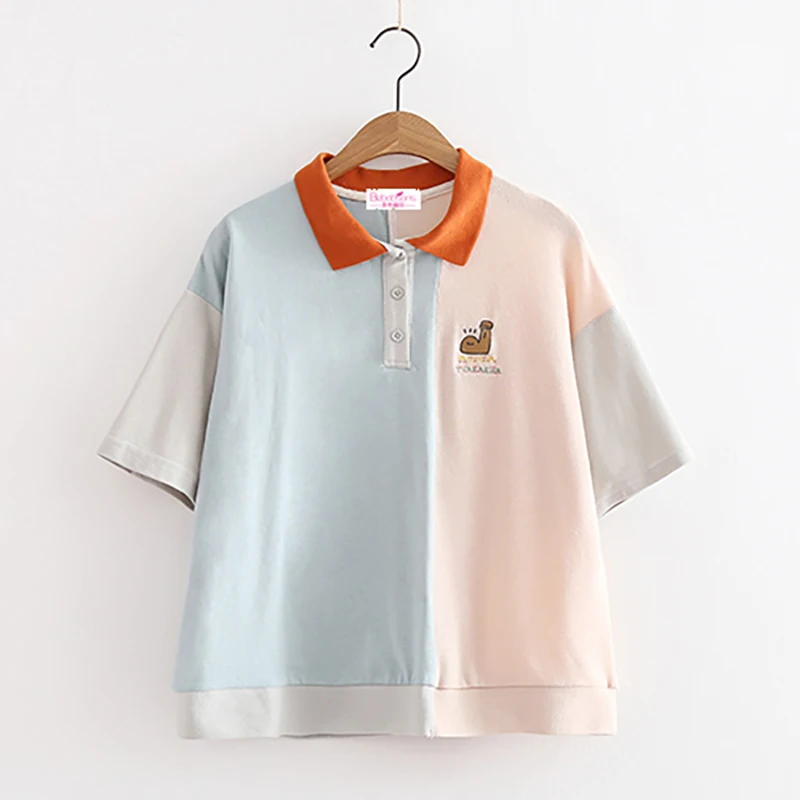 

Short Polo Shirts Summer New Women's Short-sleeved POLO Shirt Female Cute Playful Snail Embroidery Harajuku Fashion Spell Color