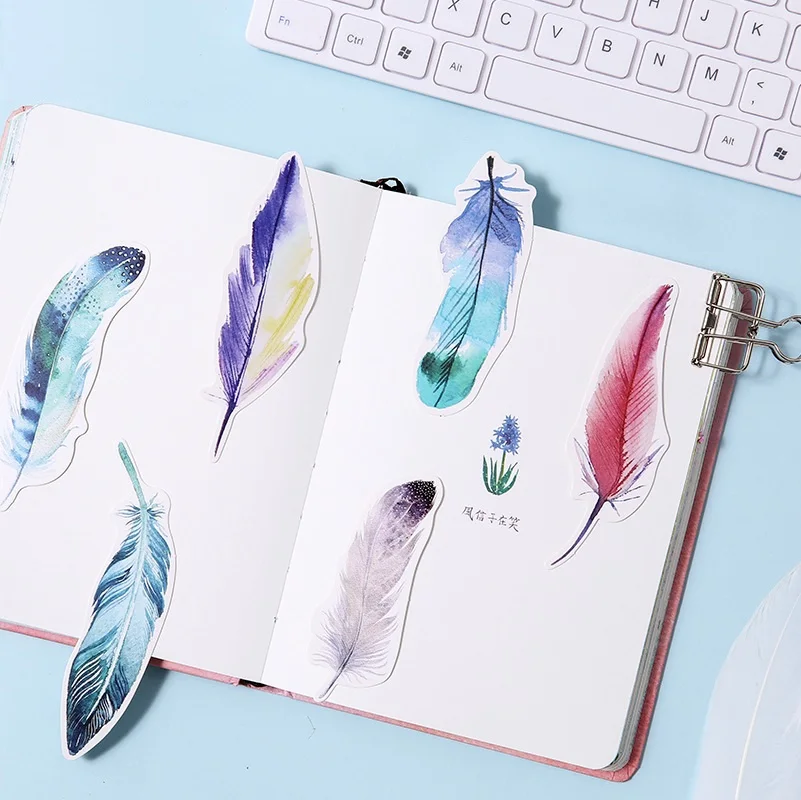 

6 set/Lot Beautiful feather bookmarks for books marker Colorful memo card Fresh School supplies marcadores de pagina FC421